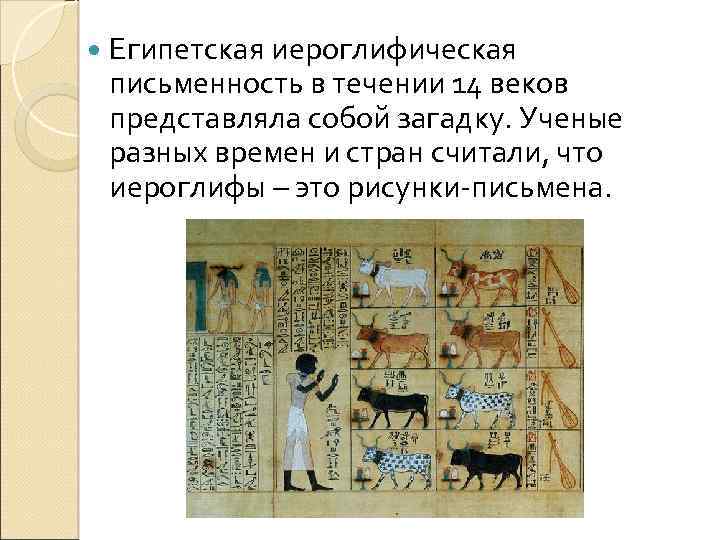  Египетская иероглифическая письменность в течении 14 веков представляла собой загадку. Ученые разных времен