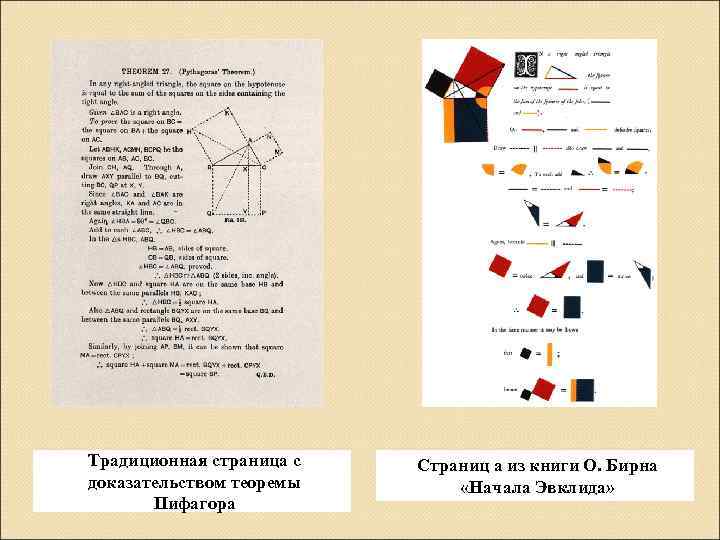 Традиционная страница с доказательством теоремы Пифагора Страниц а из книги О. Бирна «Начала Эвклида»