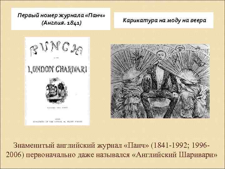 Первый номер журнала «Панч» (Англия. 1841) Карикатура на моду на веера Знаменитый английский журнал