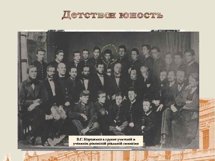 Житомир. 19 век. Дом взаимного кредита. В. Г. Короленко в группе учителей и Гимназия