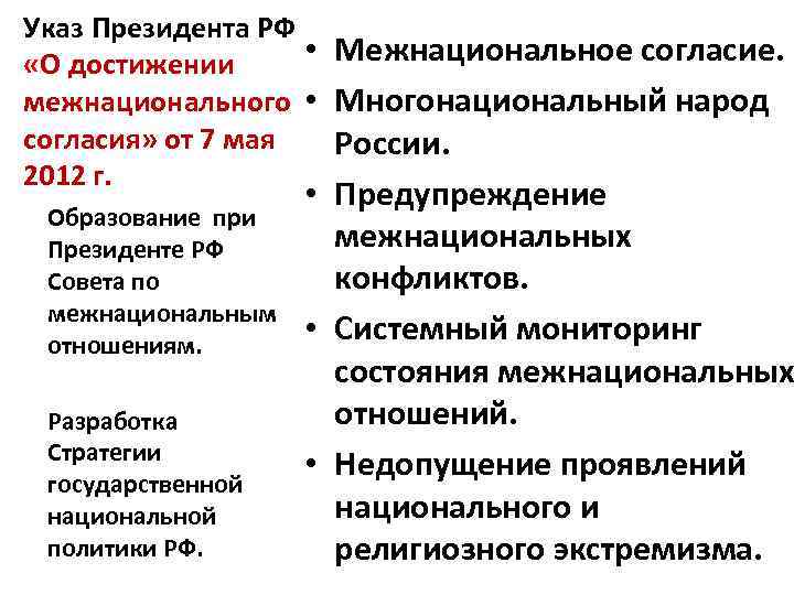 Указ Президента РФ • Межнациональное согласие. «О достижении межнационального • Многонациональный народ согласия» от