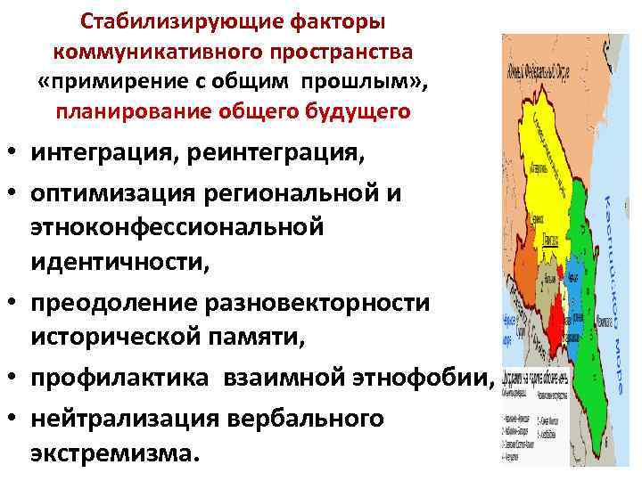 Стабилизирующие факторы коммуникативного пространства «примирение с общим прошлым» , планирование общего будущего • интеграция,