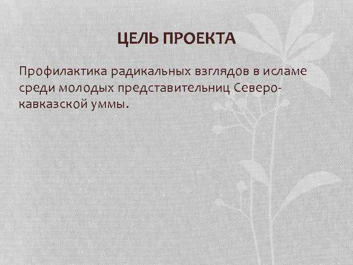 ЦЕЛЬ ПРОЕКТА Профилактика радикальных взглядов в исламе среди молодых представительниц Северокавказской уммы. 
