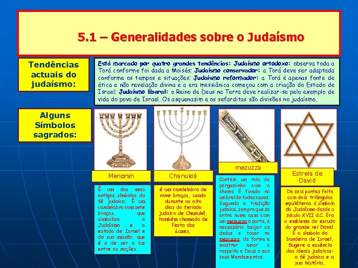 5. 1 – Generalidades sobre o Judaísmo Tendências actuais do judaísmo: Está marcado por