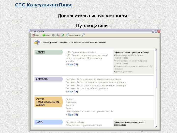 СПС Консультант. Плюс Дополнительные возможности Путеводители 