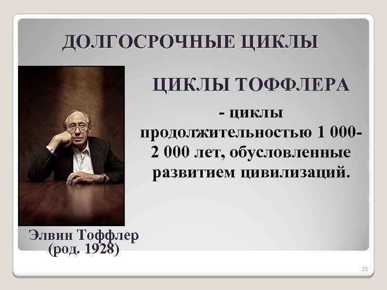 ДОЛГОСРОЧНЫЕ ЦИКЛЫ ТОФФЛЕРА - циклы продолжительностью 1 0002 000 лет, обусловленные развитием цивилизаций. Элвин