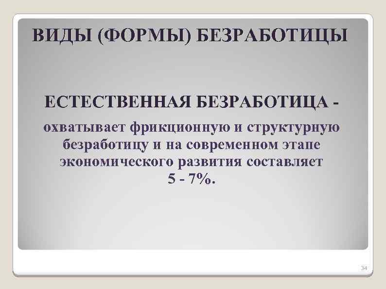 ВИДЫ (ФОРМЫ) БЕЗРАБОТИЦЫ ЕСТЕСТВЕННАЯ БЕЗРАБОТИЦА охватывает фрикционную и структурную безработицу и на современном этапе