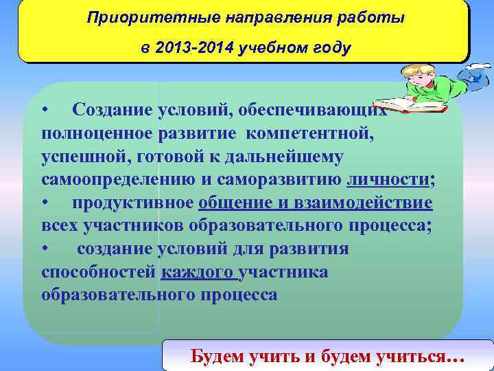 Приоритетные направления работы в 2013 -2014 учебном году • Создание условий, обеспечивающих полноценное развитие