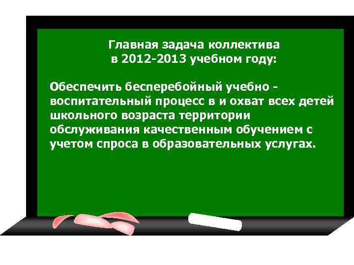 Главная задача коллектива в 2012 -2013 учебном году: Обеспечить бесперебойный учебно воспитательный процесс в