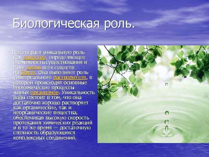 Биологическая роль. Вода играет уникальную роль как вещество, определяющее возможность существования и саму жизнь