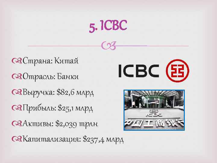 5. ICBC Страна: Китай Отрасль: Банки Выручка: $82, 6 млрд Прибыль: $25, 1 млрд