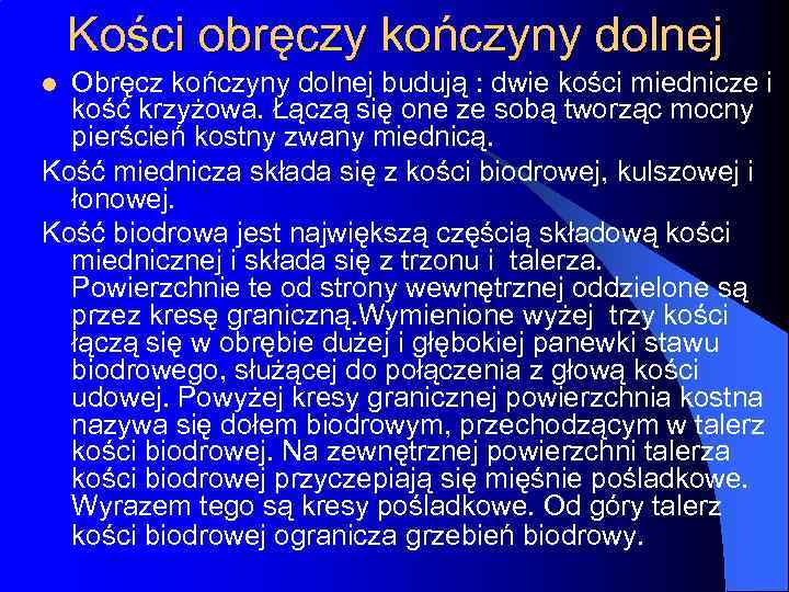 Kości obręczy kończyny dolnej Obręcz kończyny dolnej budują : dwie kości miednicze i kość