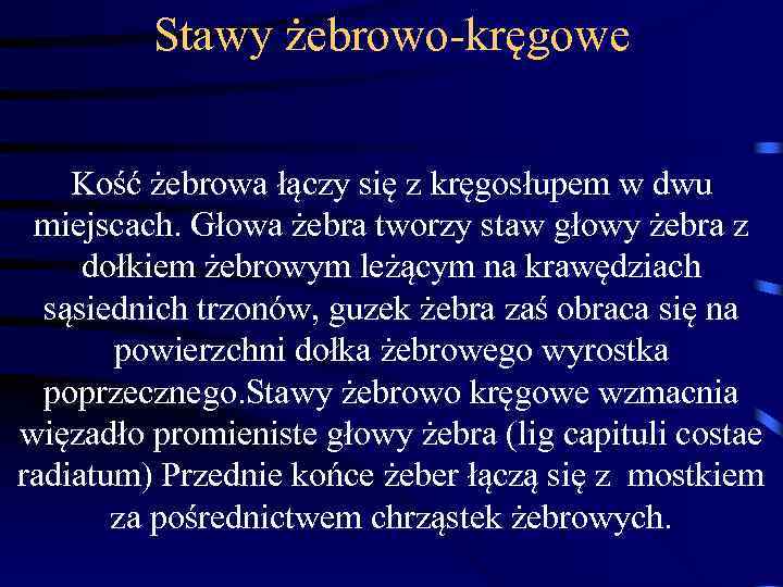 Stawy żebrowo-kręgowe Kość żebrowa łączy się z kręgosłupem w dwu miejscach. Głowa żebra tworzy
