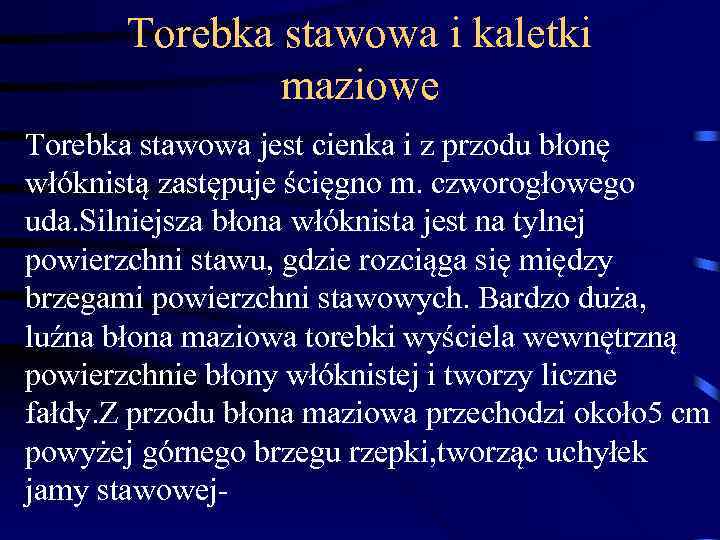 Torebka stawowa i kaletki maziowe Torebka stawowa jest cienka i z przodu błonę włóknistą
