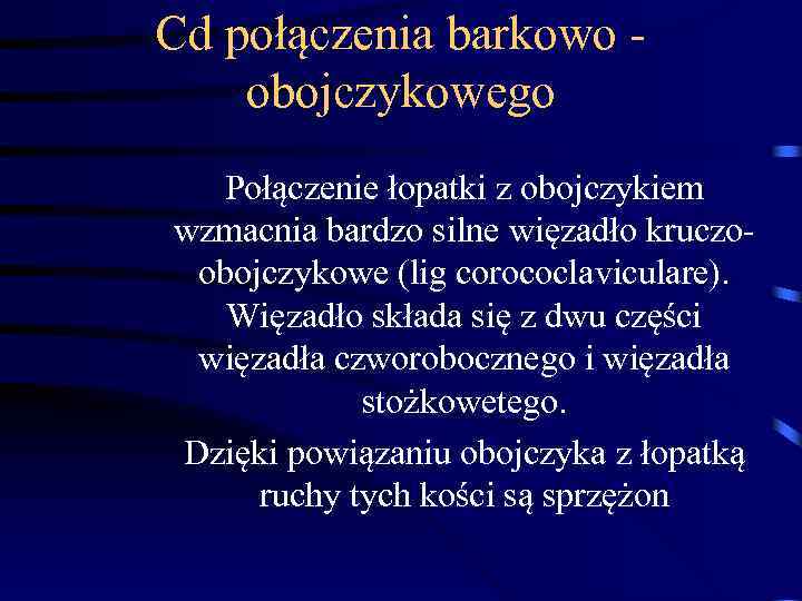 Cd połączenia barkowo obojczykowego Połączenie łopatki z obojczykiem wzmacnia bardzo silne więzadło kruczoobojczykowe (lig