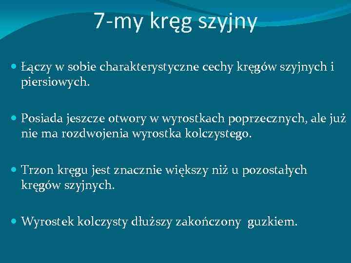 7 my kręg szyjny Łączy w sobie charakterystyczne cechy kręgów szyjnych i piersiowych. Posiada