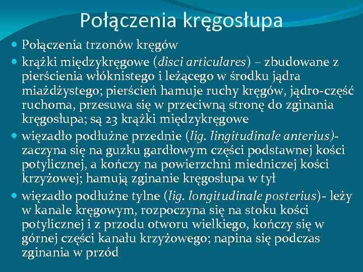 Połączenia kręgosłupa Połączenia trzonów kręgów krążki międzykręgowe (disci articulares) – zbudowane z pierścienia włóknistego