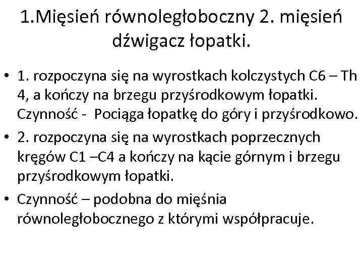 1. Mięsień równoległoboczny 2. mięsień dźwigacz łopatki. • 1. rozpoczyna się na wyrostkach kolczystych