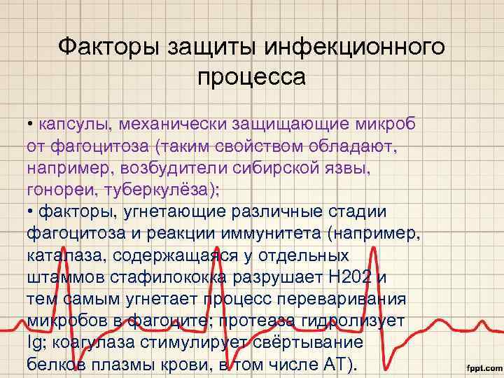 Факторы защиты инфекционного процесса • капсулы, механически защищающие микроб от фагоцитоза (таким свойством обладают,