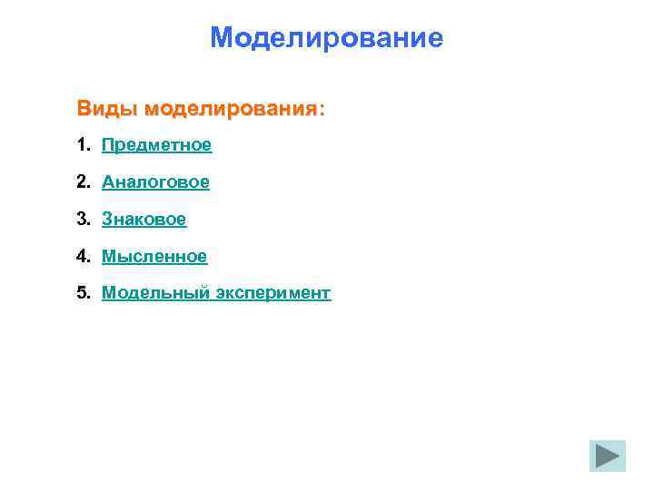 Моделирование Виды моделирования: 1. Предметное 2. Аналоговое 3. Знаковое 4. Мысленное 5. Модельный эксперимент