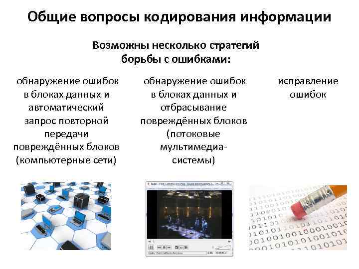 Общие вопросы кодирования информации Возможны несколько стратегий борьбы с ошибками: обнаружение ошибок в блоках