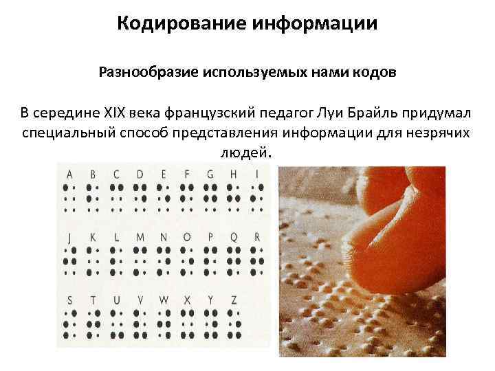 Кодирование информации Разнообразие используемых нами кодов В середине XIX века французский педагог Луи Брайль