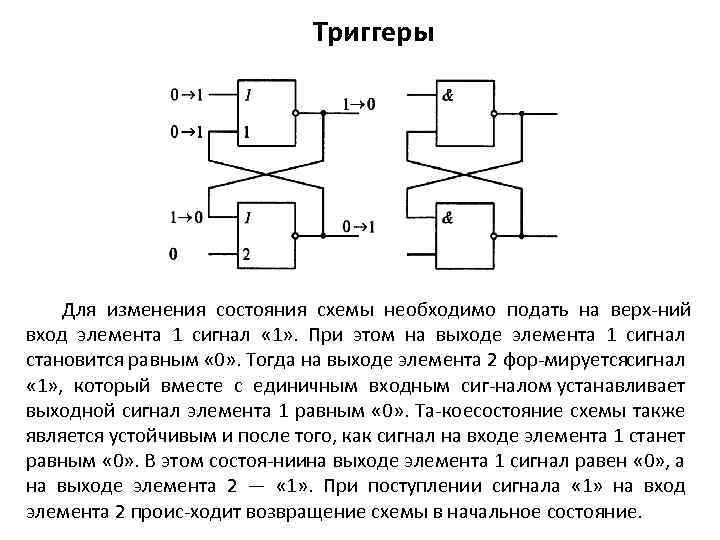 Триггеры Для изменения состояния схемы необходимо подать на верх ний вход элемента 1 сигнал