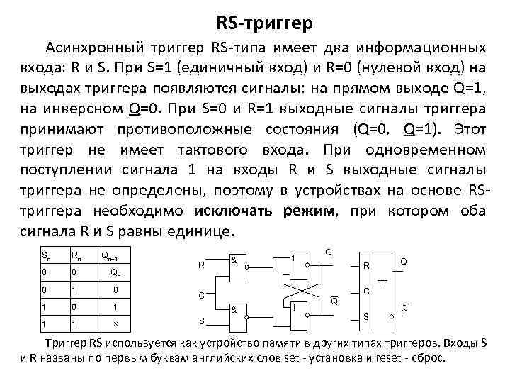 RS-триггер Асинхронный триггер RS типа имеет два информационных входа: R и S. При S=1