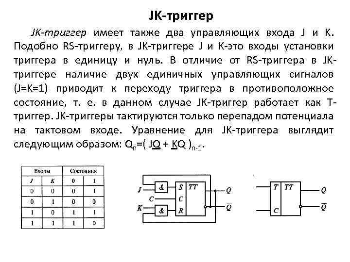 JK-триггер имеет также два управляющих входа J и K. Подобно RS триггеру, в JK