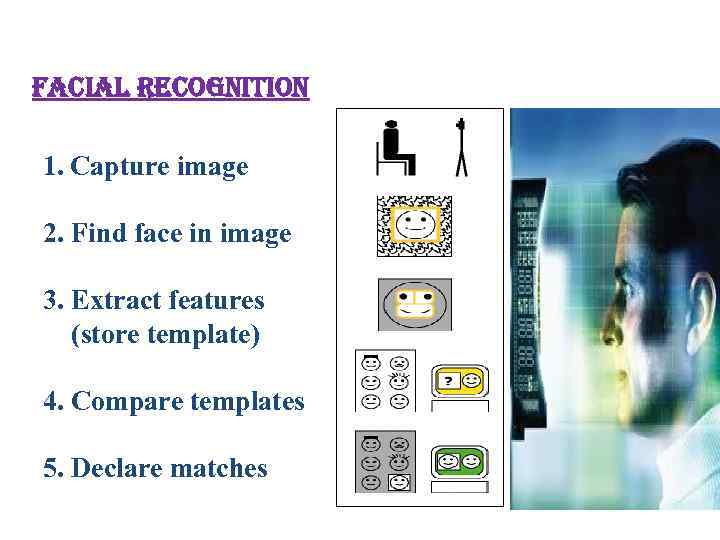 facial recognition 1. Capture image 2. Find face in image 3. Extract features (store