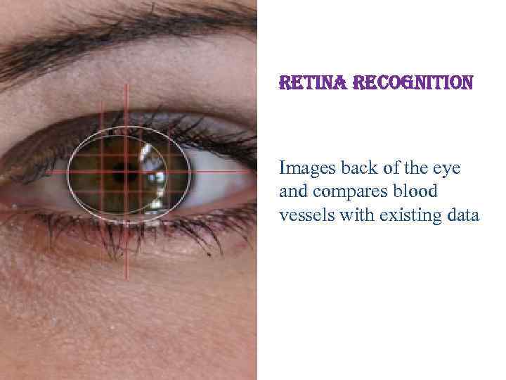 retina recognition Images back of the eye and compares blood vessels with existing data