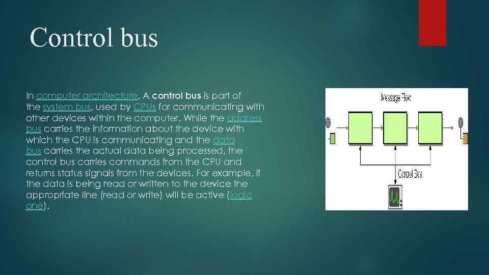 Control bus In computer architecture, A control bus is part of the system bus,