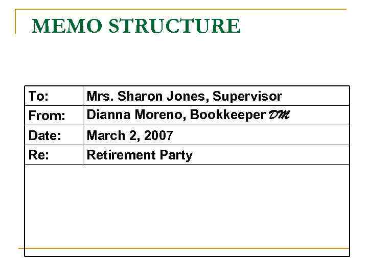 MEMO STRUCTURE To: From: Date: Re: Mrs. Sharon Jones, Supervisor Dianna Moreno, Bookkeeper DM