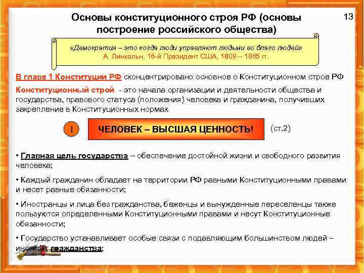 Основы конституционного строя РФ (основы построение российского общества) 13 «Демократия – это когда люди