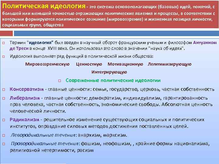 Политическая идеология - это система основополагающих (базовых) идей, понятий, с большей или меньшей точностью