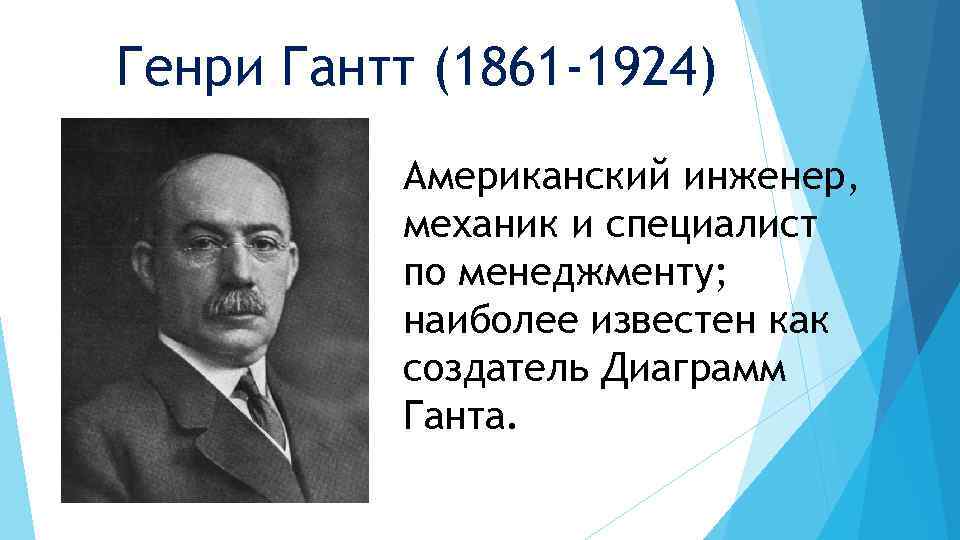 Генри Гантт (1861 -1924) Американский инженер, механик и специалист по менеджменту; наиболее известен как