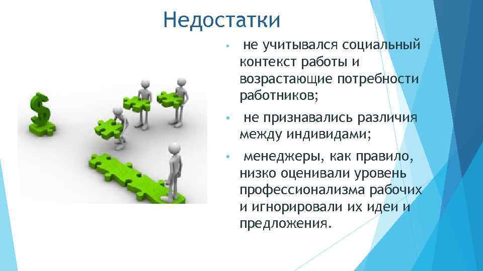 Недостатки • не учитывался социальный контекст работы и возрастающие потребности работников; • не признавались