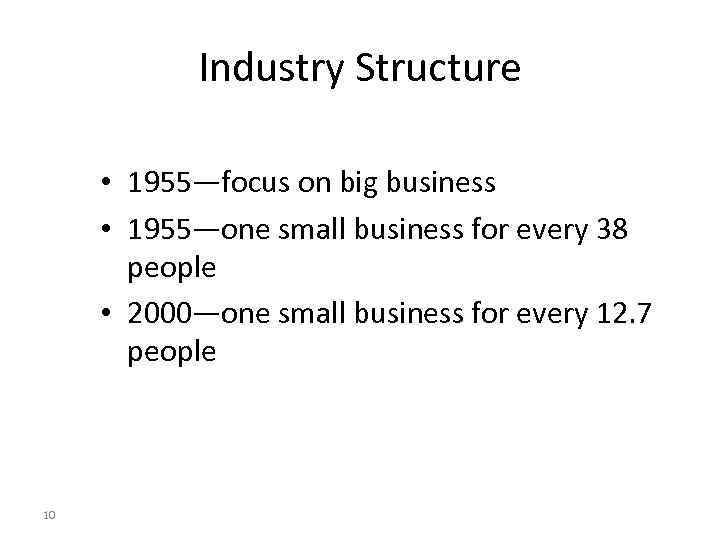 Industry Structure • 1955—focus on big business • 1955—one small business for every 38