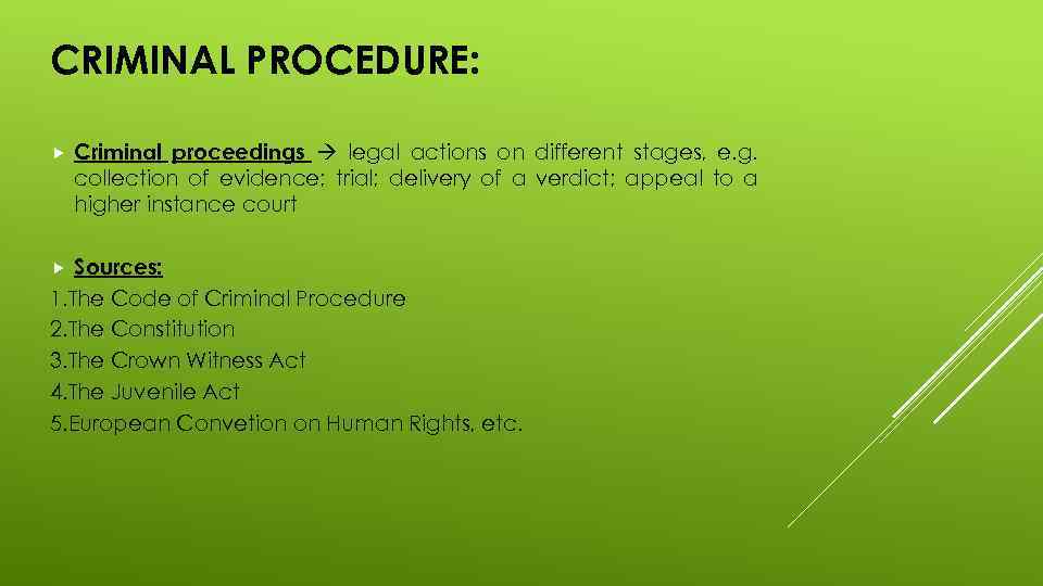 CRIMINAL PROCEDURE: Criminal proceedings legal actions on different stages, e. g. collection of evidence;