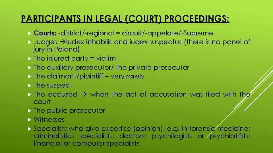 PARTICIPANTS IN LEGAL (COURT) PROCEEDINGS: Courts: -district/-regional = circuit/-appelate/-Supreme Judges Iudex inhabilis and iudex