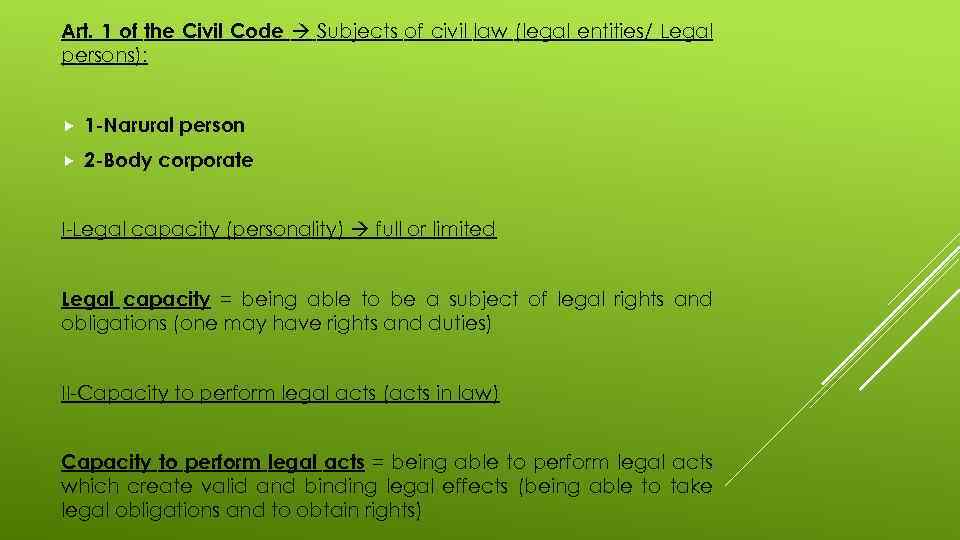 Art. 1 of the Civil Code Subjects of civil law (legal entities/ Legal persons):