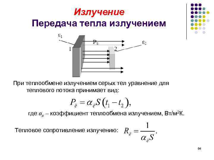 Излучение тепла. Передача теплоты тепловым излучением. Плотность потока теплового излучения. Коэффициент теплопотерь на излучение. Уравнение теплообмена излучением.