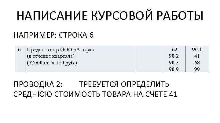 НАПИСАНИЕ КУРСОВОЙ РАБОТЫ НАПРИМЕР: СТРОКА 6 6. Продан товар ООО «Альфа» (в течение квартала)