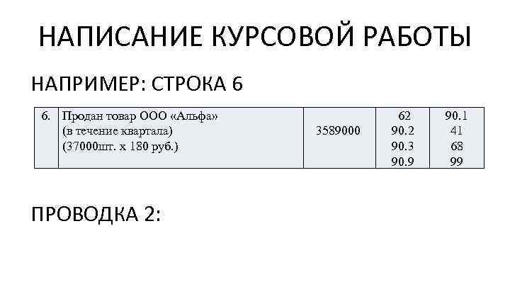 НАПИСАНИЕ КУРСОВОЙ РАБОТЫ НАПРИМЕР: СТРОКА 6 6. Продан товар ООО «Альфа» (в течение квартала)