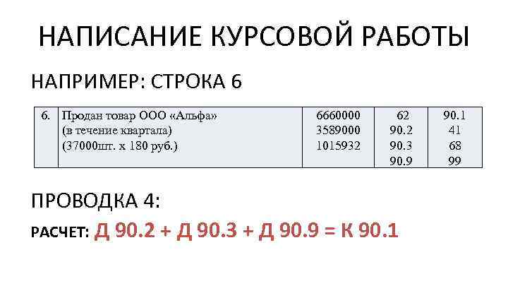 НАПИСАНИЕ КУРСОВОЙ РАБОТЫ НАПРИМЕР: СТРОКА 6 6. Продан товар ООО «Альфа» (в течение квартала)