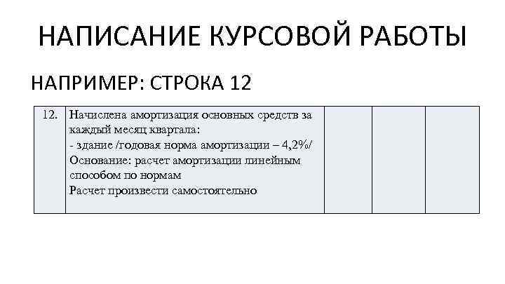 НАПИСАНИЕ КУРСОВОЙ РАБОТЫ НАПРИМЕР: СТРОКА 12 12. Начислена амортизация основных средств за каждый месяц