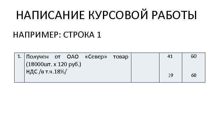 НАПИСАНИЕ КУРСОВОЙ РАБОТЫ НАПРИМЕР: СТРОКА 1 1. Получен от ОАО «Север» товар (18000 шт.