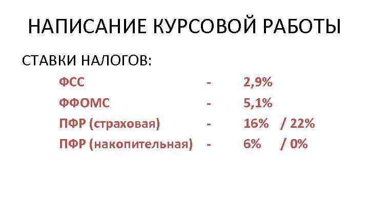 НАПИСАНИЕ КУРСОВОЙ РАБОТЫ СТАВКИ НАЛОГОВ: ФСС ФФОМС ПФР (страховая) ПФР (накопительная) - 2, 9%