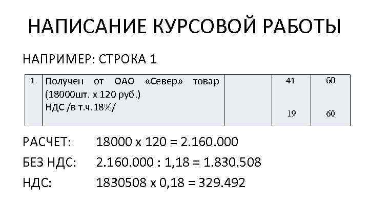 НАПИСАНИЕ КУРСОВОЙ РАБОТЫ НАПРИМЕР: СТРОКА 1 1. Получен от ОАО «Север» товар (18000 шт.