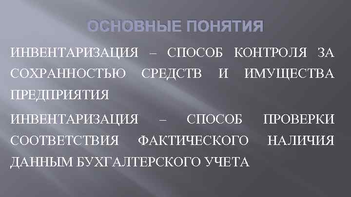 ОСНОВНЫЕ ПОНЯТИЯ ИНВЕНТАРИЗАЦИЯ – СПОСОБ КОНТРОЛЯ ЗА СОХРАННОСТЬЮ СРЕДСТВ И ИМУЩЕСТВА ПРЕДПРИЯТИЯ ИНВЕНТАРИЗАЦИЯ СООТВЕТСТВИЯ